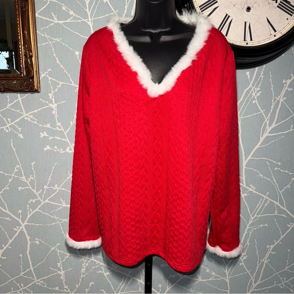 Mrs Claus Red Cable Knit Fuzzy Trim Holiday Christmas Top Women’s XL Festive